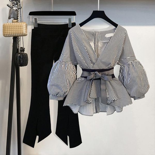 2 pieces sets plus size womens pants lantern sleeve shirts elegant striped suit and split pencil pant, White
2 pieces sets plus size womens pants lantern sleeve shirts elegant striped suit and split pencil pant, White
