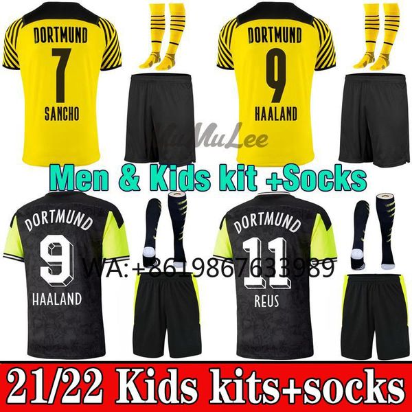 men's t-shirts haaland adults kit kids 21 22 borussia boy shirt reus bellingham sancho hummels 2021 2022 child suit+sock, White;black