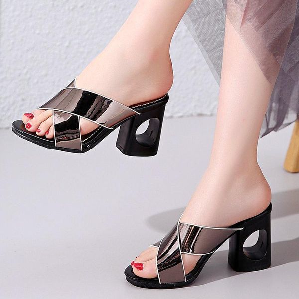 slippers women's sandals summer style patent leather thick with cross strap high heels women fashion shoes, Black
slippers women's sandals summer style patent leather thick with cross strap high heels women fashion shoes, Black