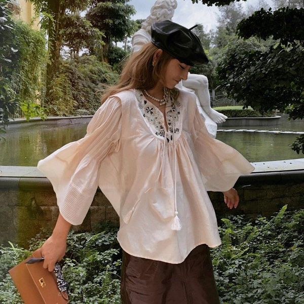 women's blouses & shirts fashion round neck v cut with tied embroidered beaded embellished 3/4 flared sleeves oversized blouse woman, White
women's blouses & shirts fashion round neck v cut with tied embroidered beaded embellished 3/4 flared sleeves oversized blouse woman, White