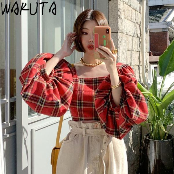 back lace up crop women big lantern sleeve square collar chic plaid short blouses female korean loose retro shirts women's &, White
back lace up crop women big lantern sleeve square collar chic plaid short blouses female korean loose retro shirts women's &, White
