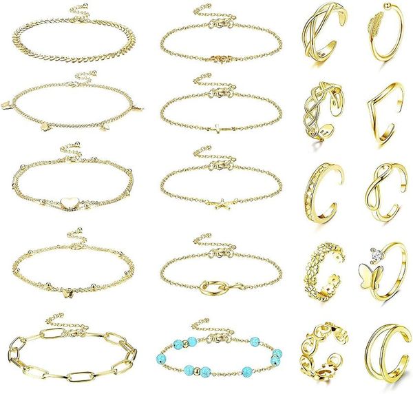 charm bracelets 20pcs anklets and toe rings set gold silver ajustable layered ankle open for women beach foot jewelry gift, Golden;silver