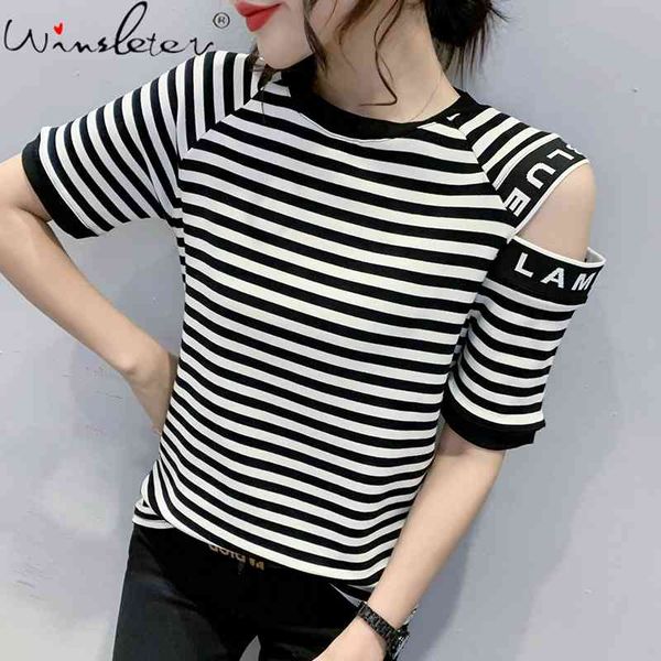 women's t-shirt summer korean style cotton chic stripe women short sleeve hollow out print letter all match tees t14008a, White
women's t-shirt summer korean style cotton chic stripe women short sleeve hollow out print letter all match tees t14008a, White