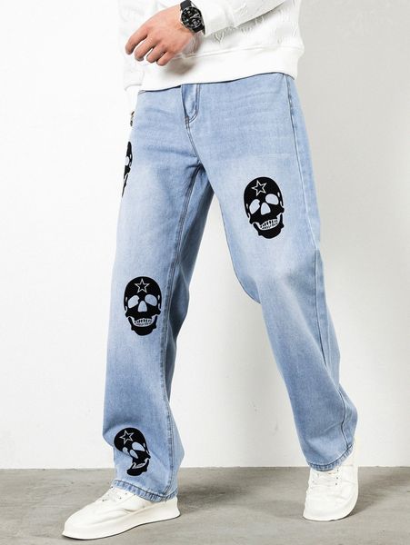 men star & skull print straight leg jeans v6gc#, Blue