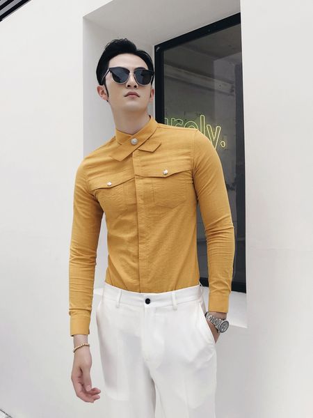 white shirt slim fit clothes yellow 2021 autumn men's shirts men quality black vintage from dress of the gu09, White;black
white shirt slim fit clothes yellow 2021 autumn men's shirts men quality black vintage from dress of the gu09, White;black