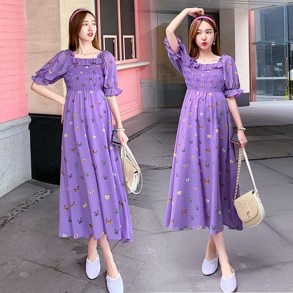 summer long loose pregnant women dress puff sleeve square collar purple butterfly printing maternity chiffon dress loose, White
summer long loose pregnant women dress puff sleeve square collar purple butterfly printing maternity chiffon dress loose, White