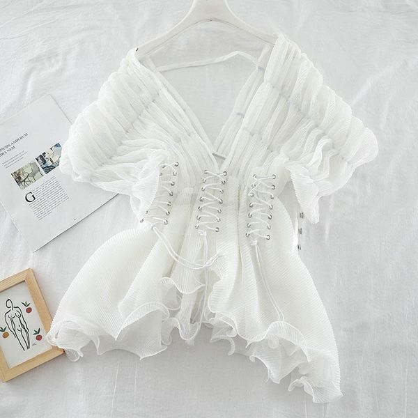 women's blouses & shirts women summer v-neck bandage strap irregular ruffles basic shirt elegant elastic pullover slim mesh gauze tulle, White
women's blouses & shirts women summer v-neck bandage strap irregular ruffles basic shirt elegant elastic pullover slim mesh gauze tulle, White