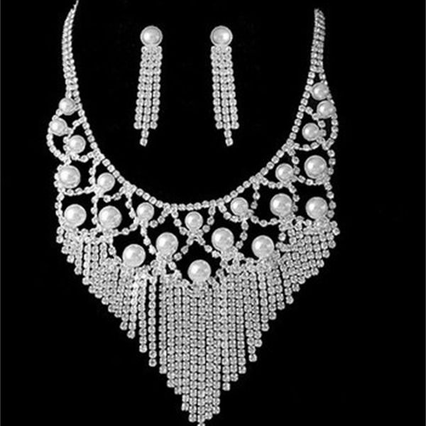 diamond pearl tassels wedding bride set necklace earings (ma52, Silver 
diamond pearl tassels wedding bride set necklace earings (ma52, Silver