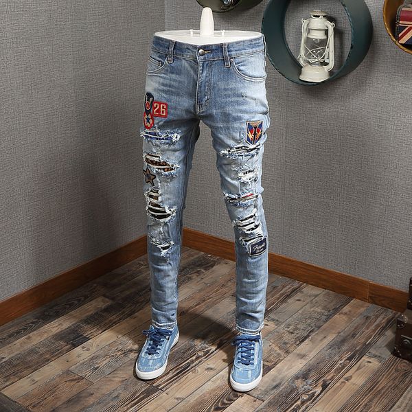 2021 new fashion streetwear light blue slim fit patches spliced ripped men brand designer elastic hip hop jeans homme n9p0
2021 new fashion streetwear light blue slim fit patches spliced ripped men brand designer elastic hip hop jeans homme n9p0