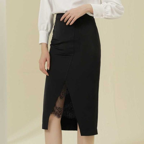 spring and autumn women's high-quality bag hip skirt solid color high waist fashion split lace black office 210527
spring and autumn women's high-quality bag hip skirt solid color high waist fashion split lace black office 210527