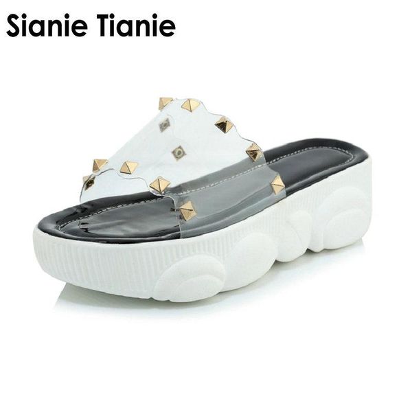 slippers sianie tianie 2021 summer platform casual flats shoes pvc transparent clear woman slides mules with stud rivets, Black
slippers sianie tianie 2021 summer platform casual flats shoes pvc transparent clear woman slides mules with stud rivets, Black