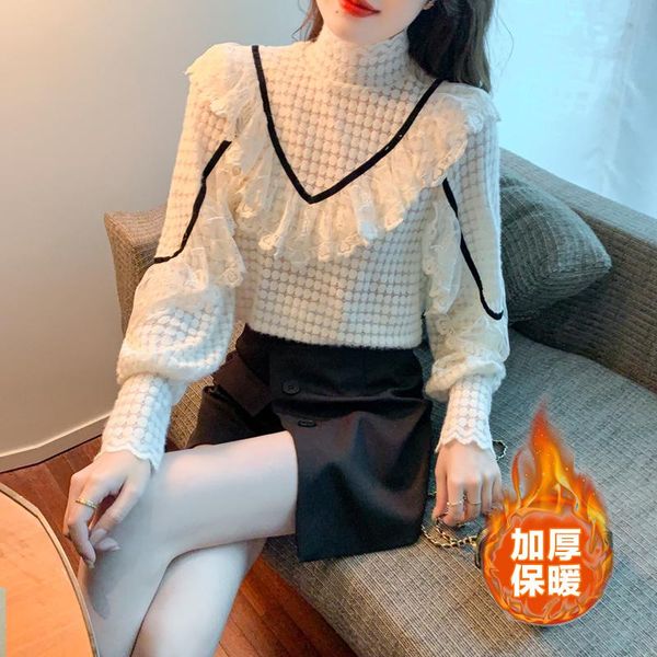 women's t-shirt all-match lace shirt 2021 autumn/winter style plus fleece ruffled high neck flared sleeve fashion clothing, White
women's t-shirt all-match lace shirt 2021 autumn/winter style plus fleece ruffled high neck flared sleeve fashion clothing, White