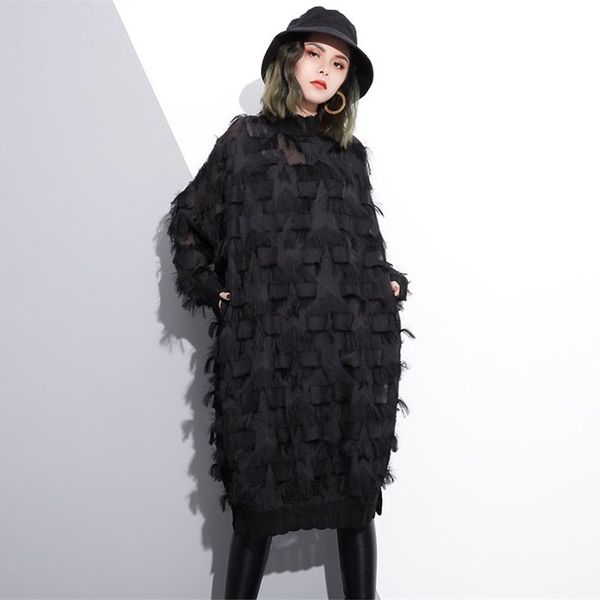 2021 new spring autumn stand collar long sleeve perspective black loose tassels big size dress women fashion tide ji780, Black;gray
2021 new spring autumn stand collar long sleeve perspective black loose tassels big size dress women fashion tide ji780, Black;gray