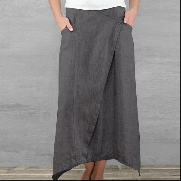 women linen long skirt elegant maxi irregular hemline summer solid buttons high waist casual skirt a line, Black 
women linen long skirt elegant maxi irregular hemline summer solid buttons high waist casual skirt a line, Black