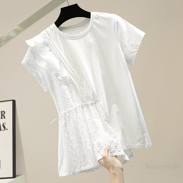 women's t-shirt embroidered hollow-out one-side drawstring waist irregular short-sleeved casual white black 2021 summer
women's t-shirt embroidered hollow-out one-side drawstring waist irregular short-sleeved casual white black 2021 summer