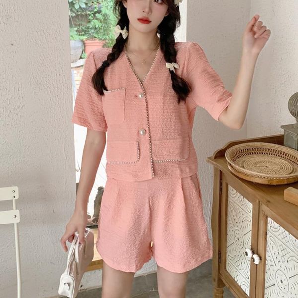 women's tracksuits small fragrance 2 piece set women v-neck pearl edge cardigan crop + high waist shorts suits fashion casual two sets, Gray
women's tracksuits small fragrance 2 piece set women v-neck pearl edge cardigan crop + high waist shorts suits fashion casual two sets, Gray