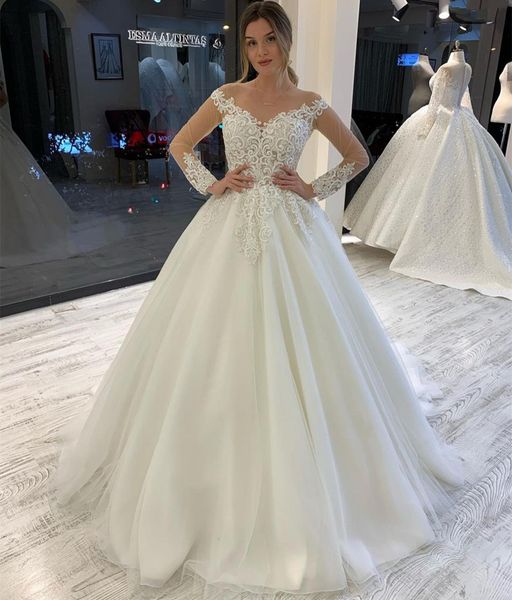 wedding dress bridal gowns long sleeves lace appliqued sweep train tulle lace-up back organza bride dresses robe de mariee, White
wedding dress bridal gowns long sleeves lace appliqued sweep train tulle lace-up back organza bride dresses robe de mariee, White