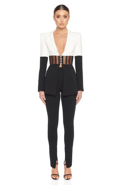 women's two piece pants high street est 2021 designer runway suit set color block perspective blazer pcs, White
women's two piece pants high street est 2021 designer runway suit set color block perspective blazer pcs, White