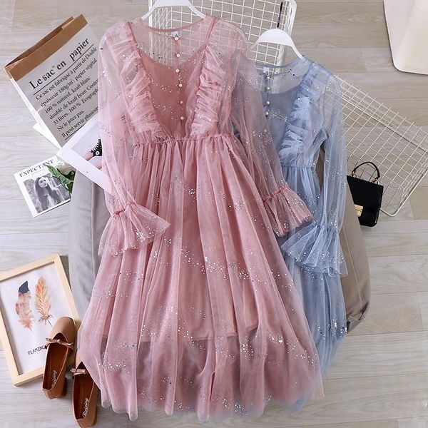 casual dresses women flare sleeve o-neck mesh gauze pleated ruffles dress vintage elastic slim pearl bead bling sequined pullover midi, Black;gray
casual dresses women flare sleeve o-neck mesh gauze pleated ruffles dress vintage elastic slim pearl bead bling sequined pullover midi, Black;gray