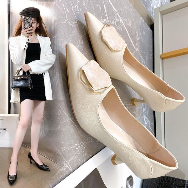 dress shoes high-heeled women 2021 fall european and american metal square button fashion pointy thick heel tide single shoe, Black