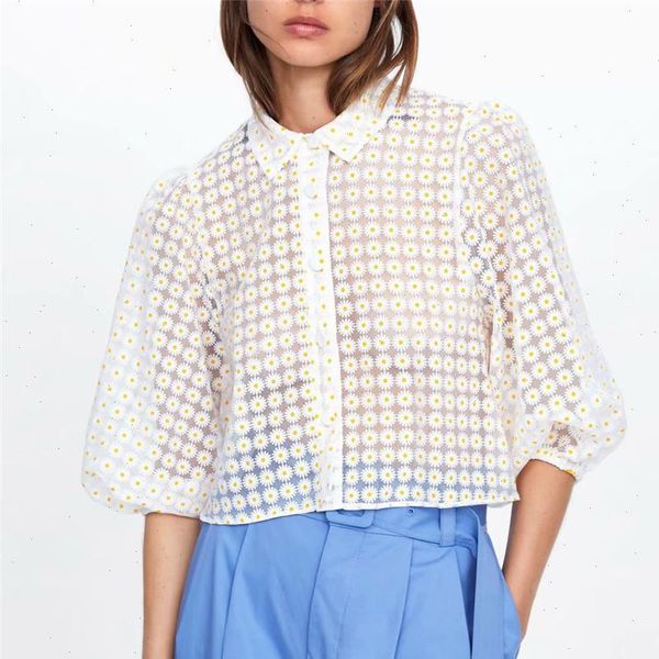 women sweet floral print crop three quarter puff sleeve turn down collar transparent female 2021 causal blouse, White
women sweet floral print crop three quarter puff sleeve turn down collar transparent female 2021 causal blouse, White