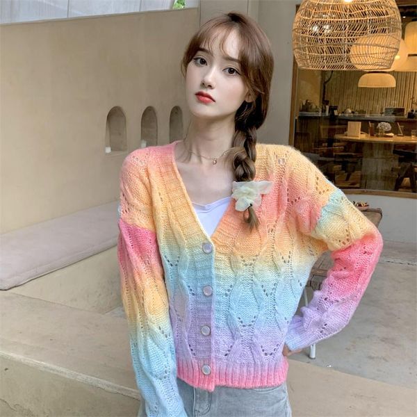 women's knits & tees rainbow gradient sweater hollow out tie dye knitwear autumn single-breasted v-neck knitted cardigan coats, White
women's knits & tees rainbow gradient sweater hollow out tie dye knitwear autumn single-breasted v-neck knitted cardigan coats, White