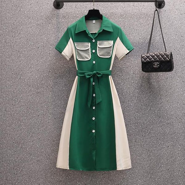 plus size dresses korean style women casual turn down collar short sleeve single breasted patchwork shirt ladies temperament robe, Black
plus size dresses korean style women casual turn down collar short sleeve single breasted patchwork shirt ladies temperament robe, Black