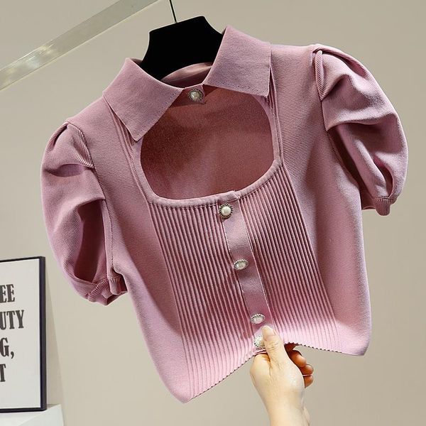 women's t-shirt women cropped vintage crumpled puff sleeve diamond button decoration hollow lapel 2021 summer short tshirt knitwear, White
women's t-shirt women cropped vintage crumpled puff sleeve diamond button decoration hollow lapel 2021 summer short tshirt knitwear, White