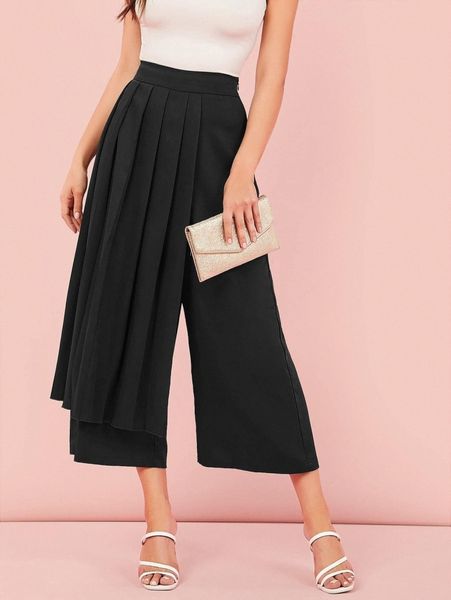 pleated foldover wide leg cropped pants b5wa#, Black;white 
pleated foldover wide leg cropped pants b5wa#, Black;white