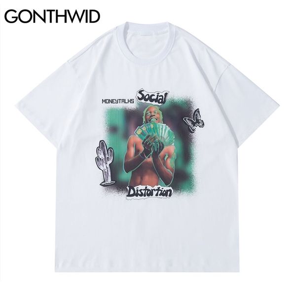 tees shirts harajuku cactus butterfly tshirts streetwear fashion casual cotton hip hop mens short sleeve t-shirt 210602, White;black