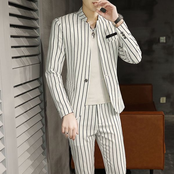 2021 new casual tuxedo striped wedding men korean suits slim fit costume homme quality stand collar business m-3xl blazer + pant 5qpe, White;black
2021 new casual tuxedo striped wedding men korean suits slim fit costume homme quality stand collar business m-3xl blazer + pant 5qpe, White;black