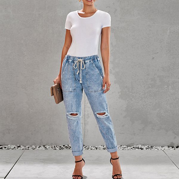 women jeans bleached manual ripped vintage washed lightweight elastic waist trousers urban leisure street trendsetter fashion hole jeans, Blue
women jeans bleached manual ripped vintage washed lightweight elastic waist trousers urban leisure street trendsetter fashion hole jeans, Blue