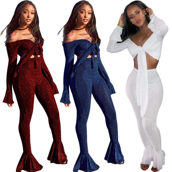 women's tracksuits fashion glitter chic women pant sets summer 2pc tracksuit flare sleeve strapless tank vest&bodycon bell pants suits, Gray