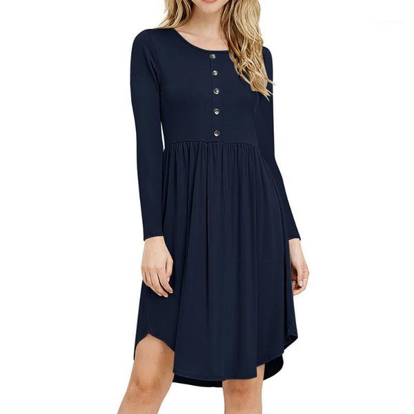 women dress elastic waist long sleeve pleated a line swing loose fit button large hem casual crew neck knee length autumn winter dresses, Black;gray
women dress elastic waist long sleeve pleated a line swing loose fit button large hem casual crew neck knee length autumn winter dresses, Black;gray
