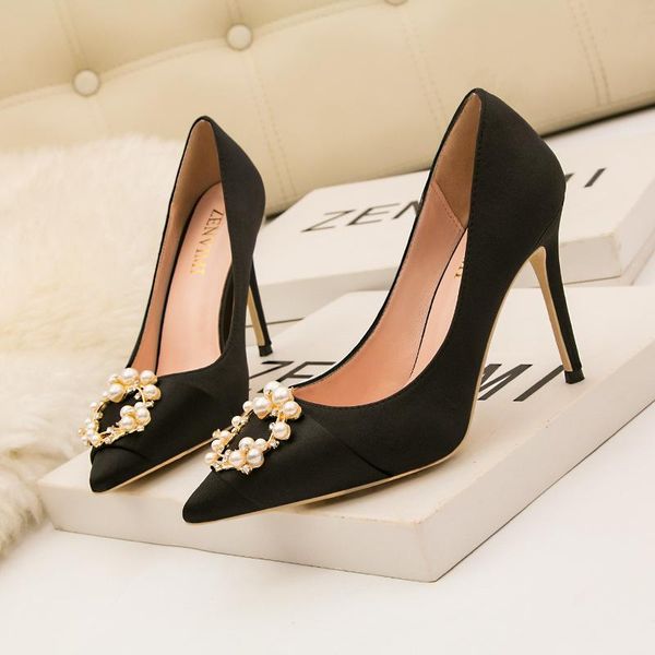 dress shoes 10cm women's fashion nightclub slim stiletto high heel wedding pointed satin pearl buckle single, Black
dress shoes 10cm women's fashion nightclub slim stiletto high heel wedding pointed satin pearl buckle single, Black