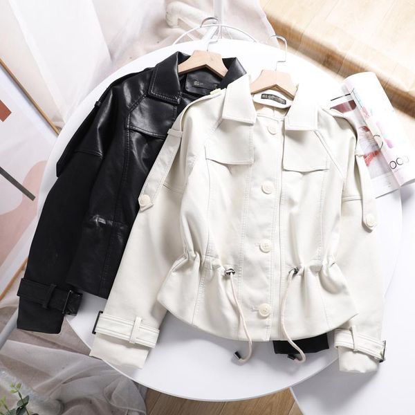 women's leather & faux drawstring short jacket pu female moto biker autumn jackets solid slim ladies button coat cc20211022, Black
women's leather & faux drawstring short jacket pu female moto biker autumn jackets solid slim ladies button coat cc20211022, Black