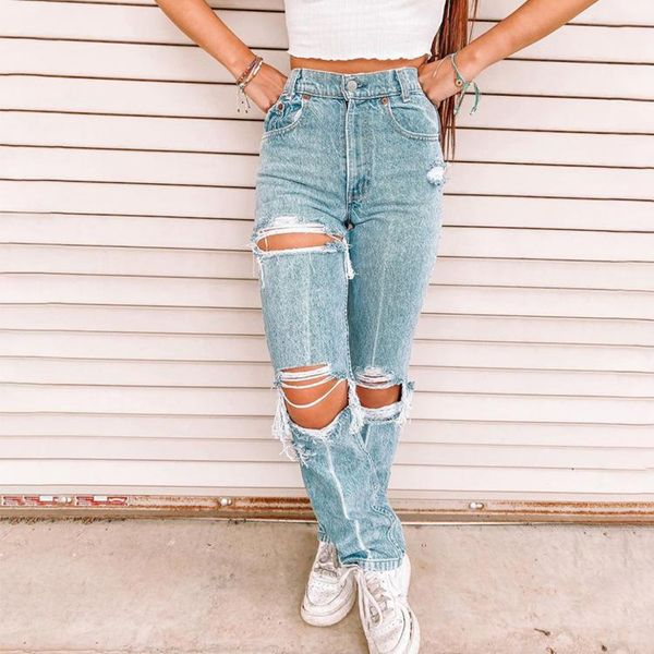 women's jeans ladies ripped holes trousers women for, Blue