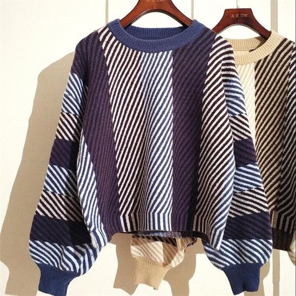 women's sweaters early autumn color striped short pullover sweater female and winter chic loose round neck long sleeve wool coat, White;black
women's sweaters early autumn color striped short pullover sweater female and winter chic loose round neck long sleeve wool coat, White;black