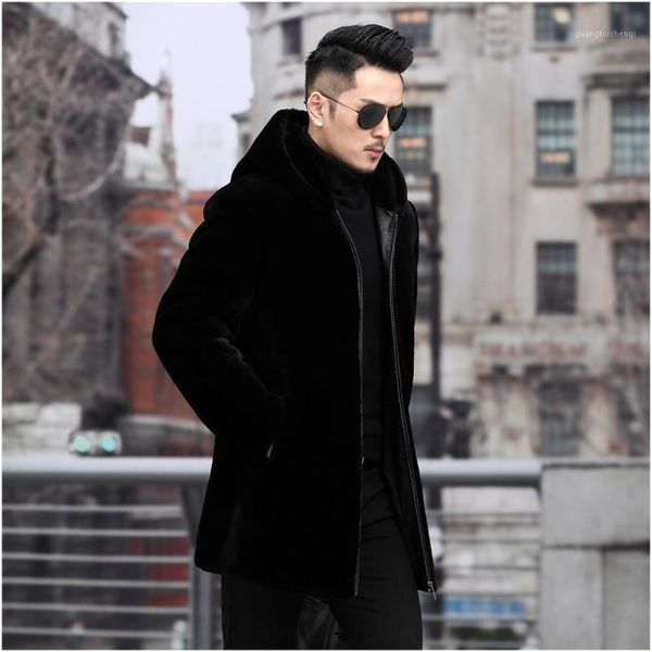 men's leather & faux haining original ecological fur one man medium length hooded sheep sheared coat, Black
men's leather & faux haining original ecological fur one man medium length hooded sheep sheared coat, Black