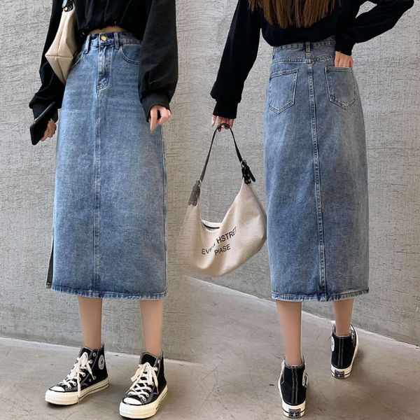 hip hop women's 2021 early spring new high waist light denim color split a-line shows thin medium length one step skirt k, Blue
hip hop women's 2021 early spring new high waist light denim color split a-line shows thin medium length one step skirt k, Blue