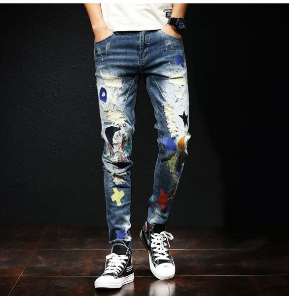 2021 new korean fashion elastic destroyed baggy pants stretch ripped men embroidery patches designer hip hop jeans homme za4j, Blue
2021 new korean fashion elastic destroyed baggy pants stretch ripped men embroidery patches designer hip hop jeans homme za4j, Blue