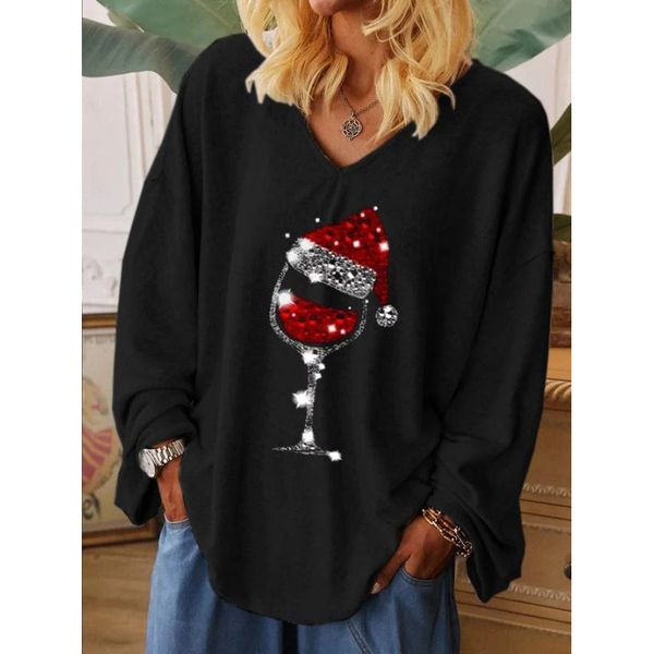 christmas print autumn and winter new long-sleeved christmas wine glass v-neck t-shirt, White
christmas print autumn and winter new long-sleeved christmas wine glass v-neck t-shirt, White