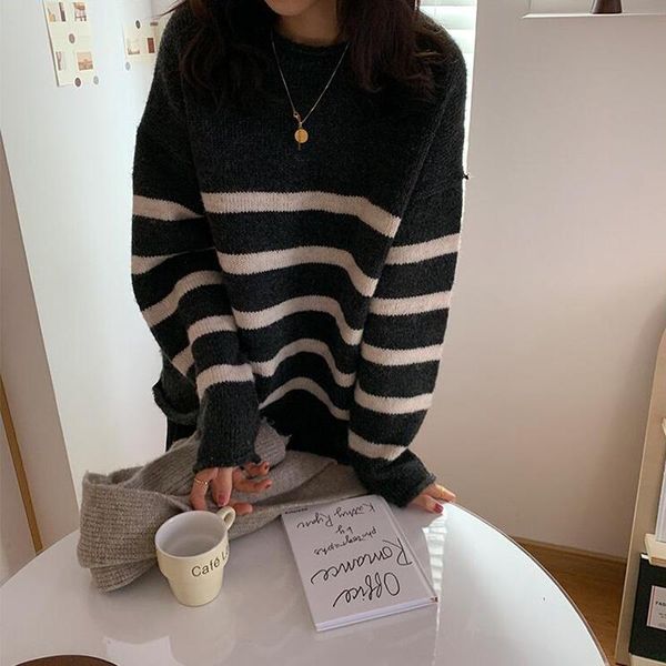 women's sweaters autumn and winter sweater casual striped round neck long sleeve loose, White;black
women's sweaters autumn and winter sweater casual striped round neck long sleeve loose, White;black