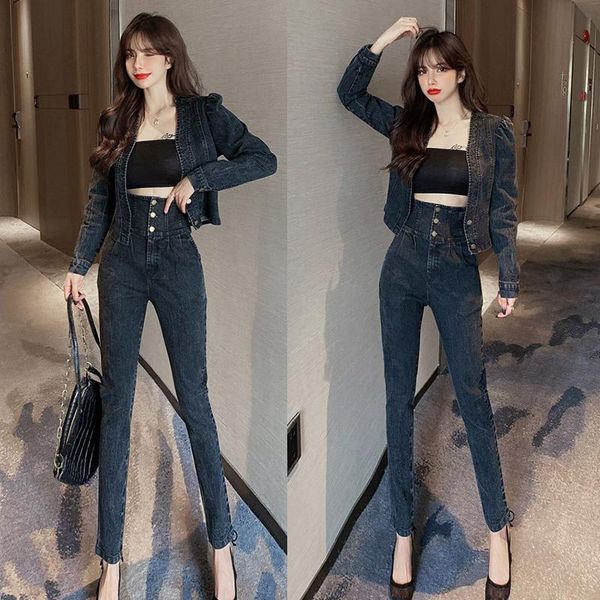 women's retro shic autumn new suits long-sleeved waist denim jacket + high-waist pencil feet pants two-piece sets female, White
women's retro shic autumn new suits long-sleeved waist denim jacket + high-waist pencil feet pants two-piece sets female, White