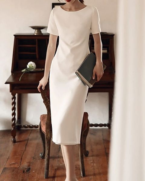 elegant white jewel short sleeve tea length formal evening dres sheath satin prom party gown bow graduation vestidos de noiva lr6j, Black;red
elegant white jewel short sleeve tea length formal evening dres sheath satin prom party gown bow graduation vestidos de noiva lr6j, Black;red