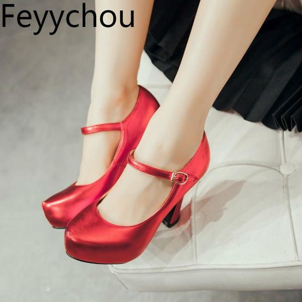 dress shoes women's pumps super high heels pu round toe platform buckle 2021 spring autumn fashion casual party wedding red, Black