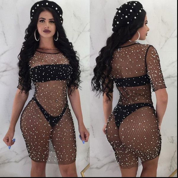 2021 summer new style fashion sequins casual beading crystal mesh solid hollow out long suit beach, White
2021 summer new style fashion sequins casual beading crystal mesh solid hollow out long suit beach, White