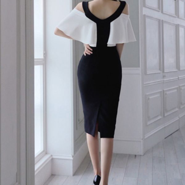 v neck off shouder ruffle sleeves chiffon black and white women cocktail dress elegant work office business bodycon dress evening, Black;red
v neck off shouder ruffle sleeves chiffon black and white women cocktail dress elegant work office business bodycon dress evening, Black;red
