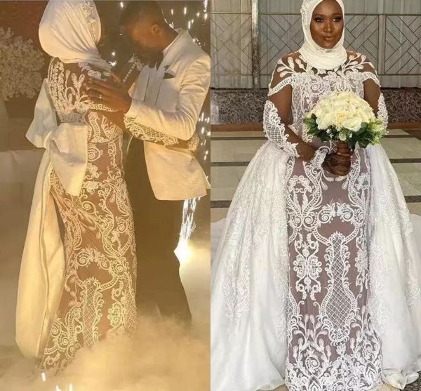 2022 plus size muslim mermaid wedding dresses bridal gown with detachable train satin bow lace applique long sleeves custom made designer af, White
2022 plus size muslim mermaid wedding dresses bridal gown with detachable train satin bow lace applique long sleeves custom made designer af, White