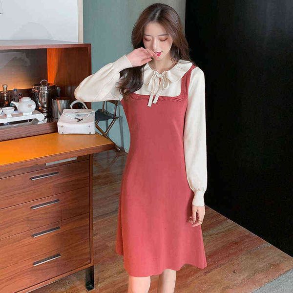 luxury dress 2022 fake two college slim sweater knit dresses, Black;gray
